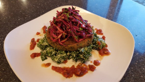 Falafel Burgers w/ Garlic Tahini Kale and Sweet & Sour Harissa Slaw