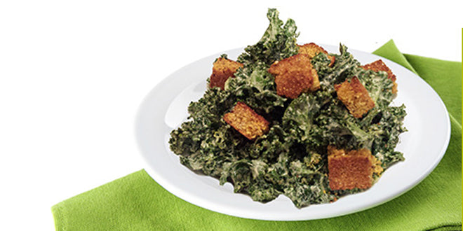 Kale Caesar Salad with Chia Cornbread Croutons