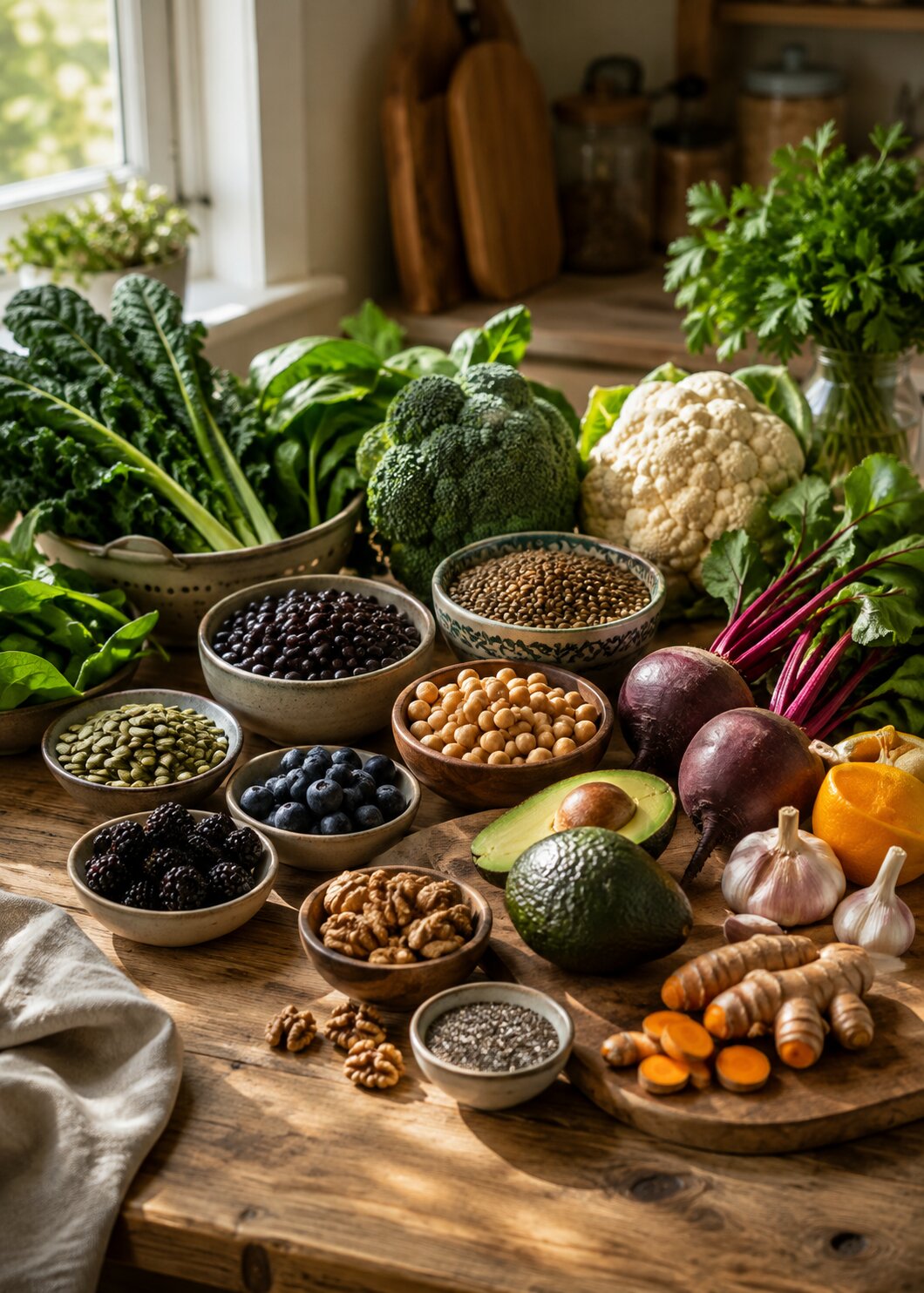 Fresh whole plant foods including leafy greens, vegetables, beans, seeds, berries, citrus, avocado and beets arranged on a kitchen counter