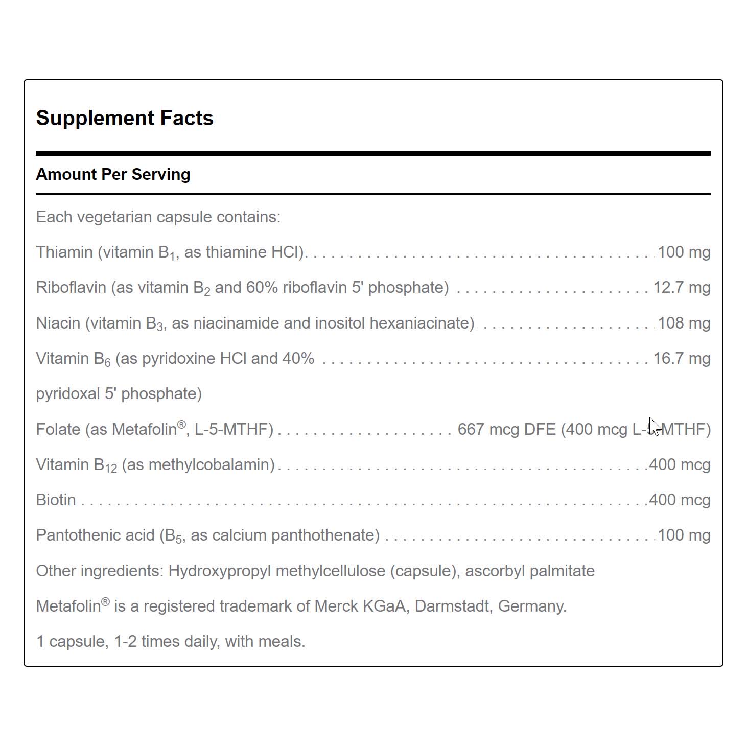 B Complex- Vegan B Vitamin Supplement facts