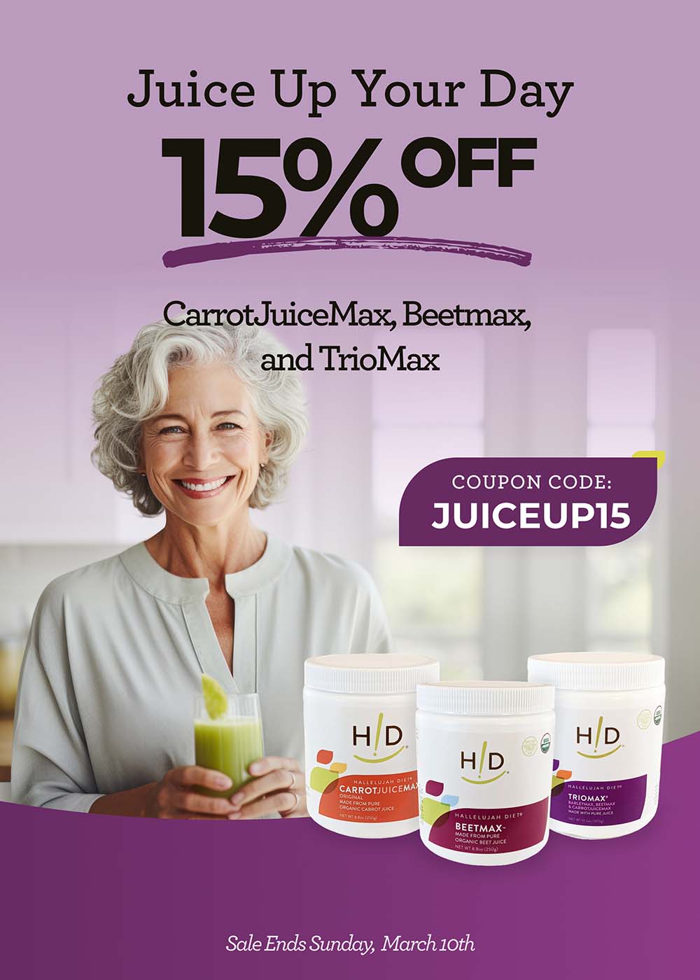 Plant-based juice powder sale - happy healthy elderly woman drinking juice