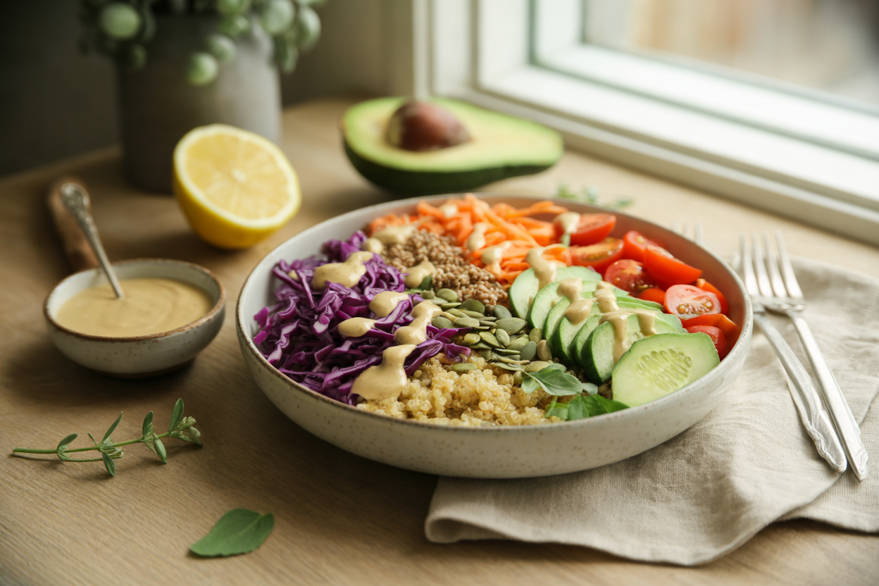 Rainbow Buddha bowl with quinoa, avocado, vegetables and tahini-lemon drizzle