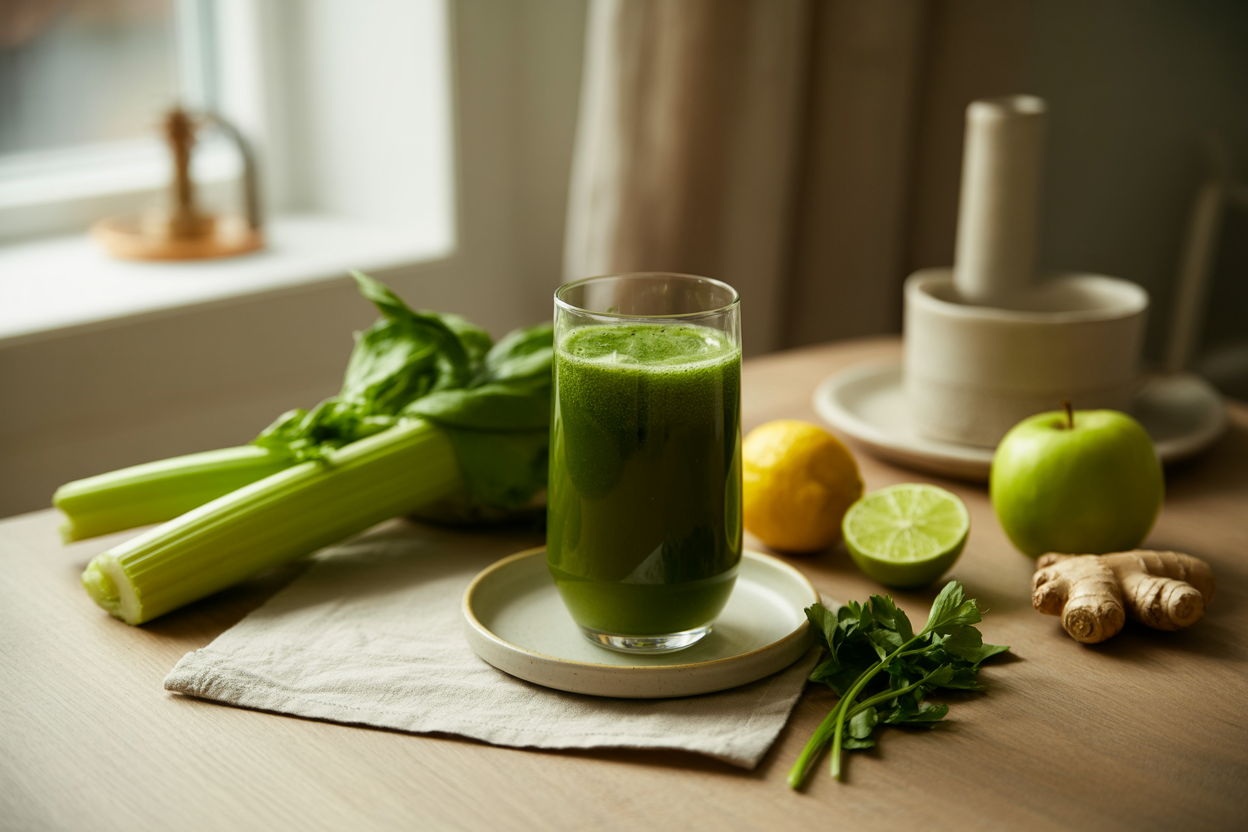 Glass of green energy juice with celery, spinach, apple, lemon and lime