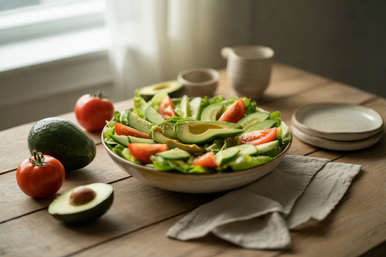 Fresh salad with lettuce, tomato, cucumber, pickles and avocado