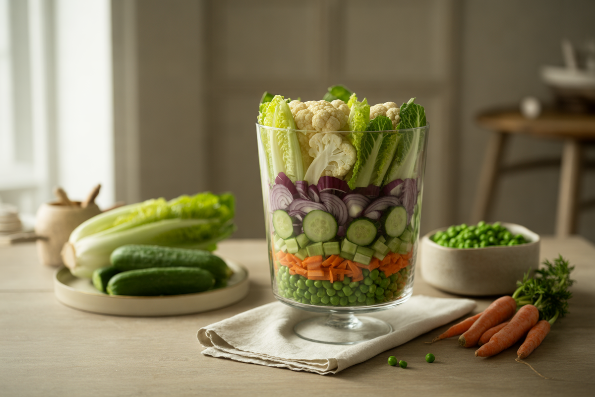 Seven layer salad with romaine, cucumber, carrots and peas