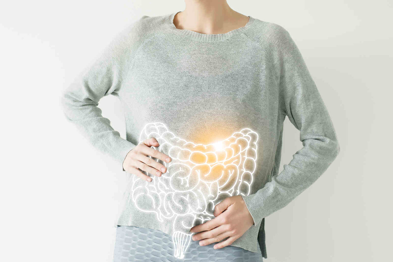 Woman in grey clothes with highlighted vector visualization of intestine