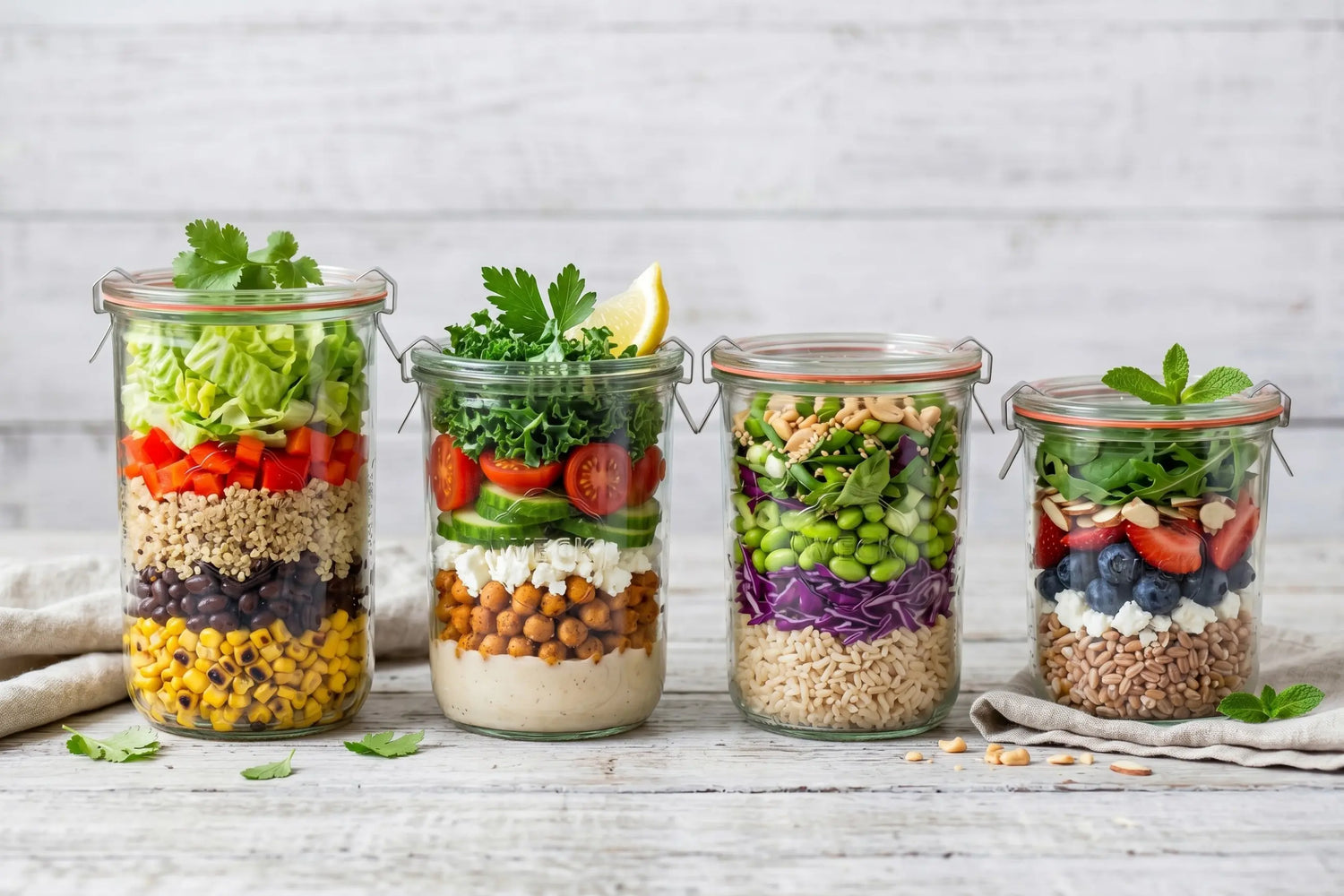 Layered salad jars with chickpeas, vegetables, and greens showing creative plant-based meal ideas