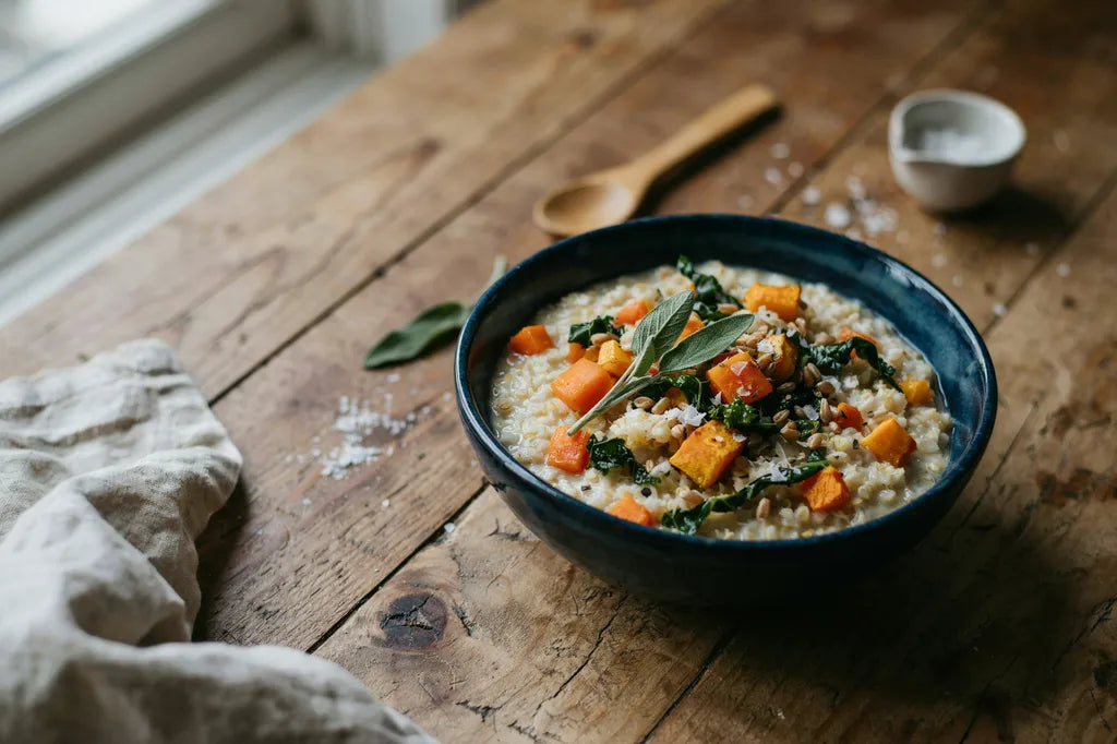 Any Day Millet - a dark blue bowl of millet and vegetable porridge