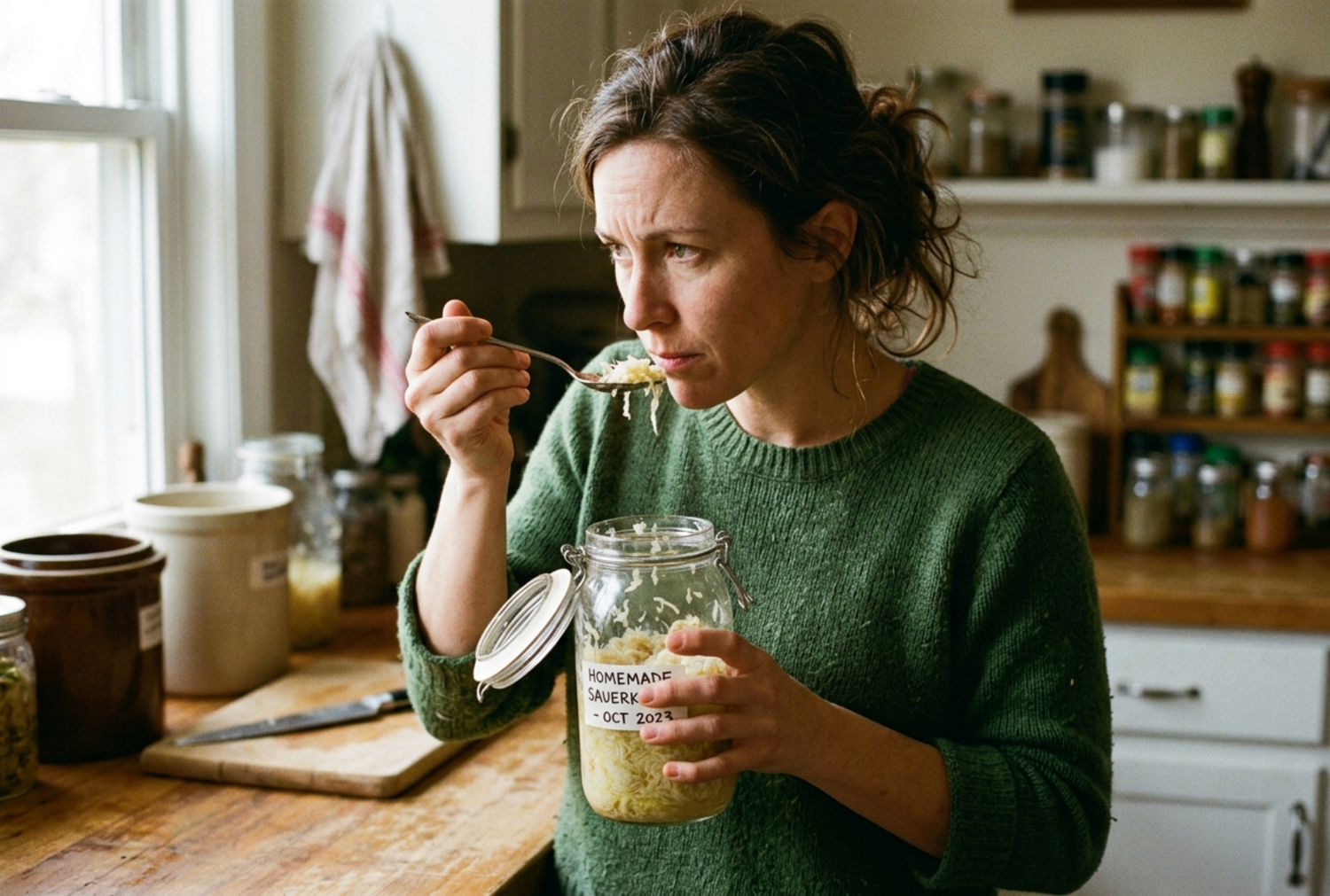 Woman tasting a spoonful of homemade sauerkraut from a labeled mason jar in her kitchen