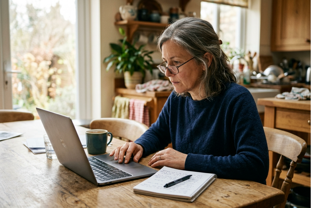 Older woman with glasses typing on a laptop at a wooden kitchen table, with a mug and notebook nearby.