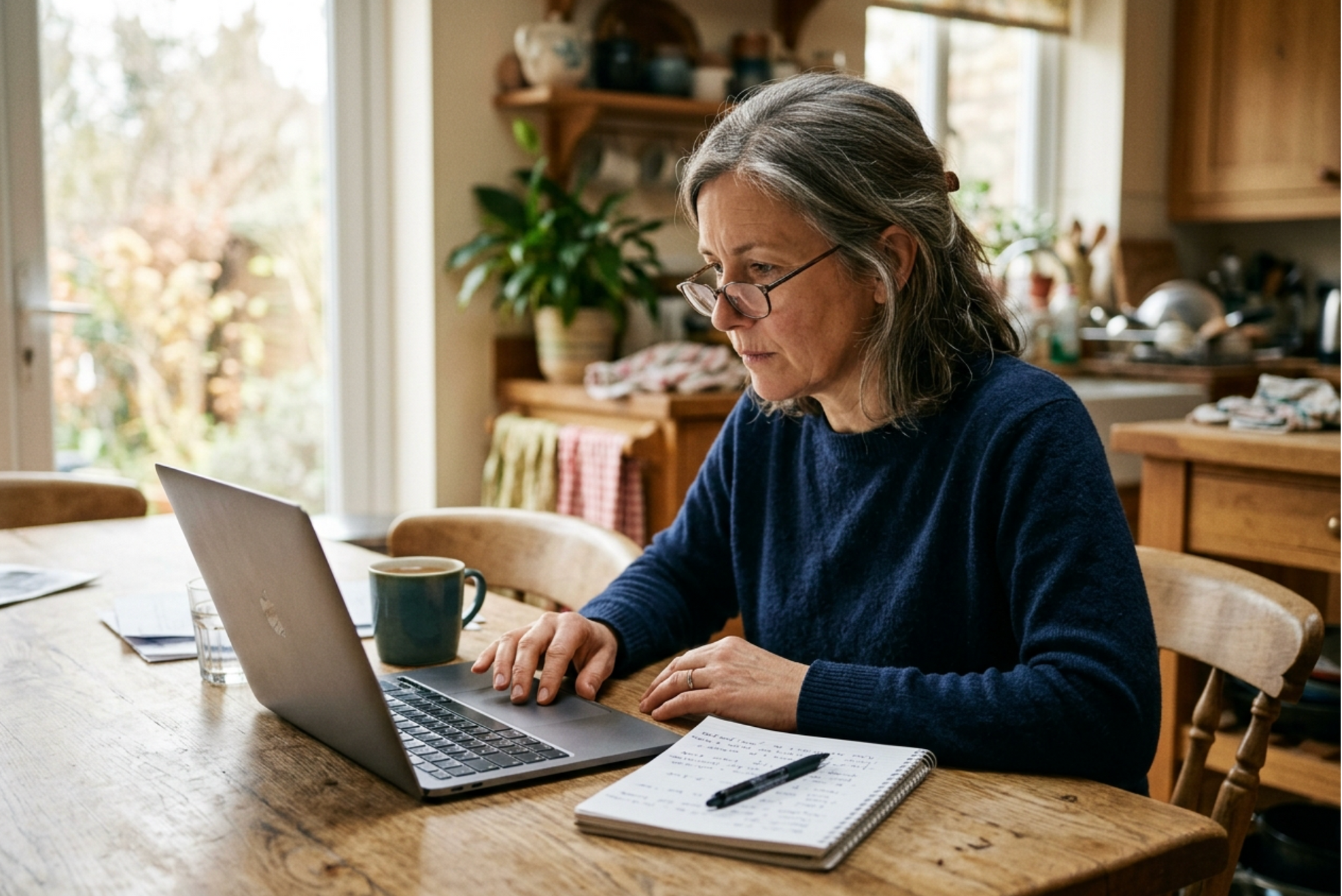 Older woman with glasses typing on a laptop at a wooden kitchen table, with a mug and notebook nearby.