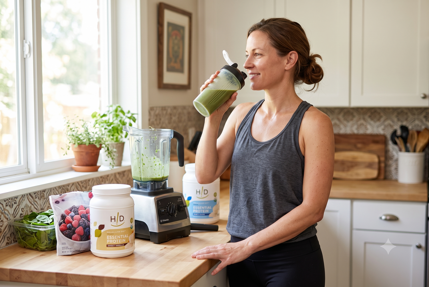 The ultimate guide to protein powder. Women in late 30s drinking post-workout shake with HD Essential Protein.
