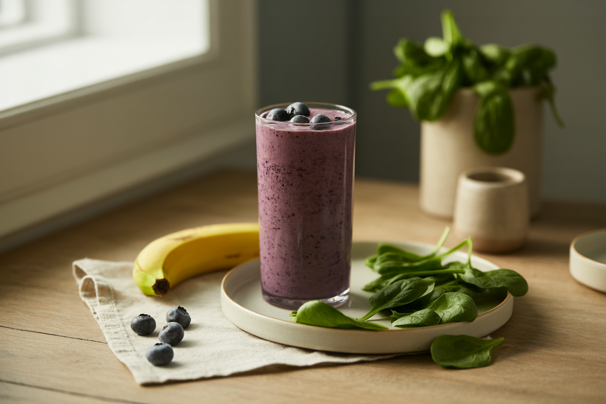 Berry green smoothie made with blueberries, banana and spinach