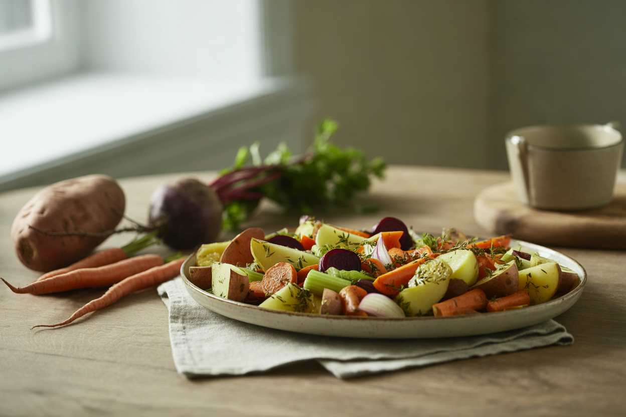 Roasted vegetable medley with sweet potato, carrots and beets