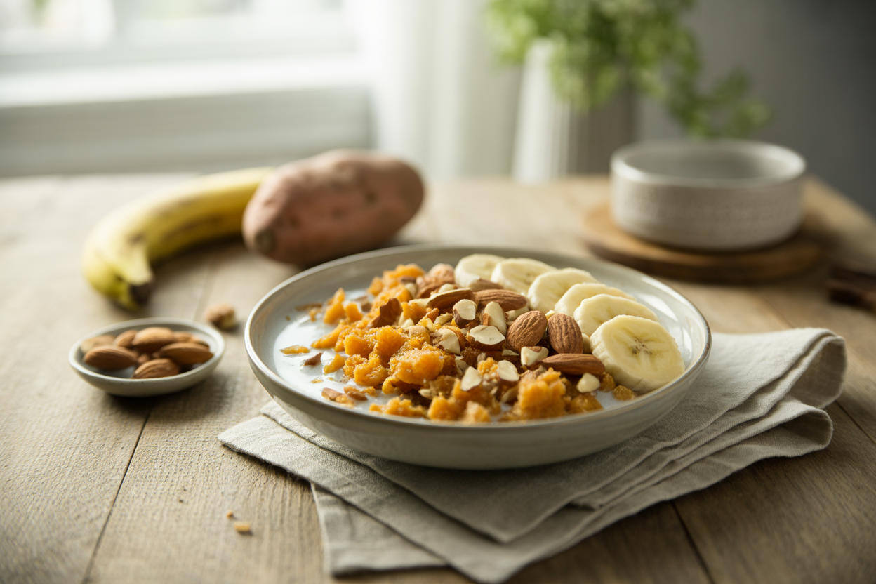 Raw breakfast cereal with grated sweet potato, nuts, banana and almond milk