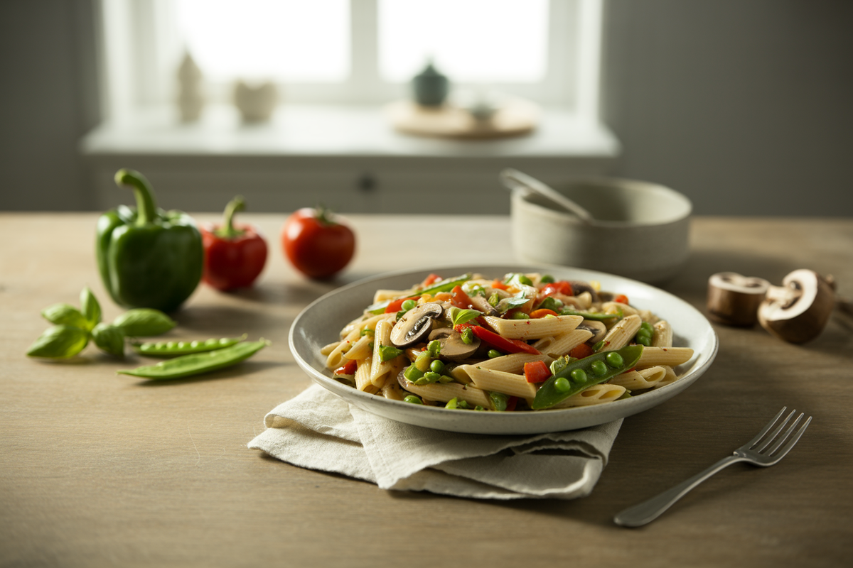 Penne pasta primavera with bell peppers, mushrooms, snow peas and tomatoes