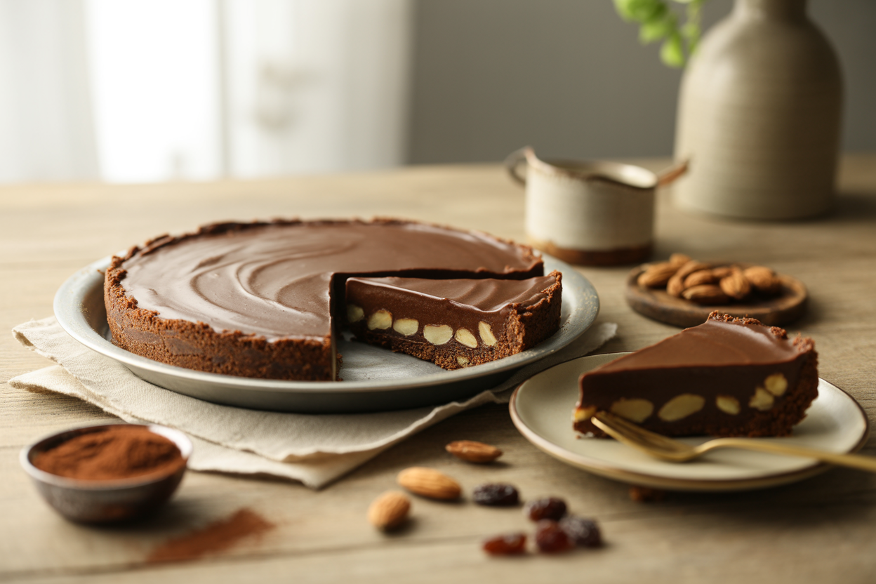 Raw carob chocolate cake with an almond raisin crust, one slice cut