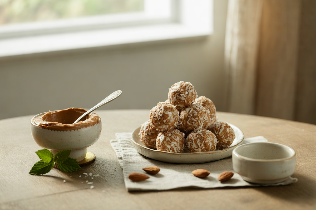 Almond butter balls rolled in crushed nuts and coconut
