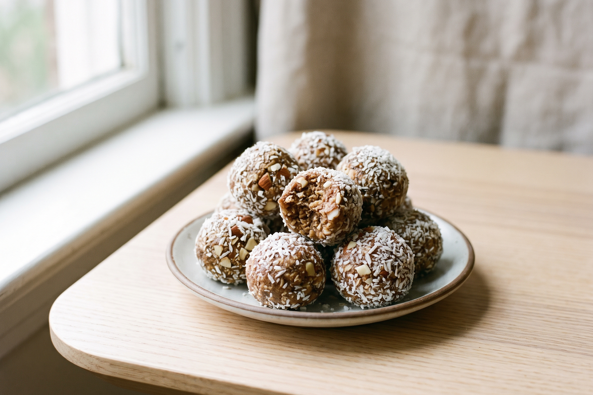 Almond butter carob crunchies rolled in coconut on a small plate