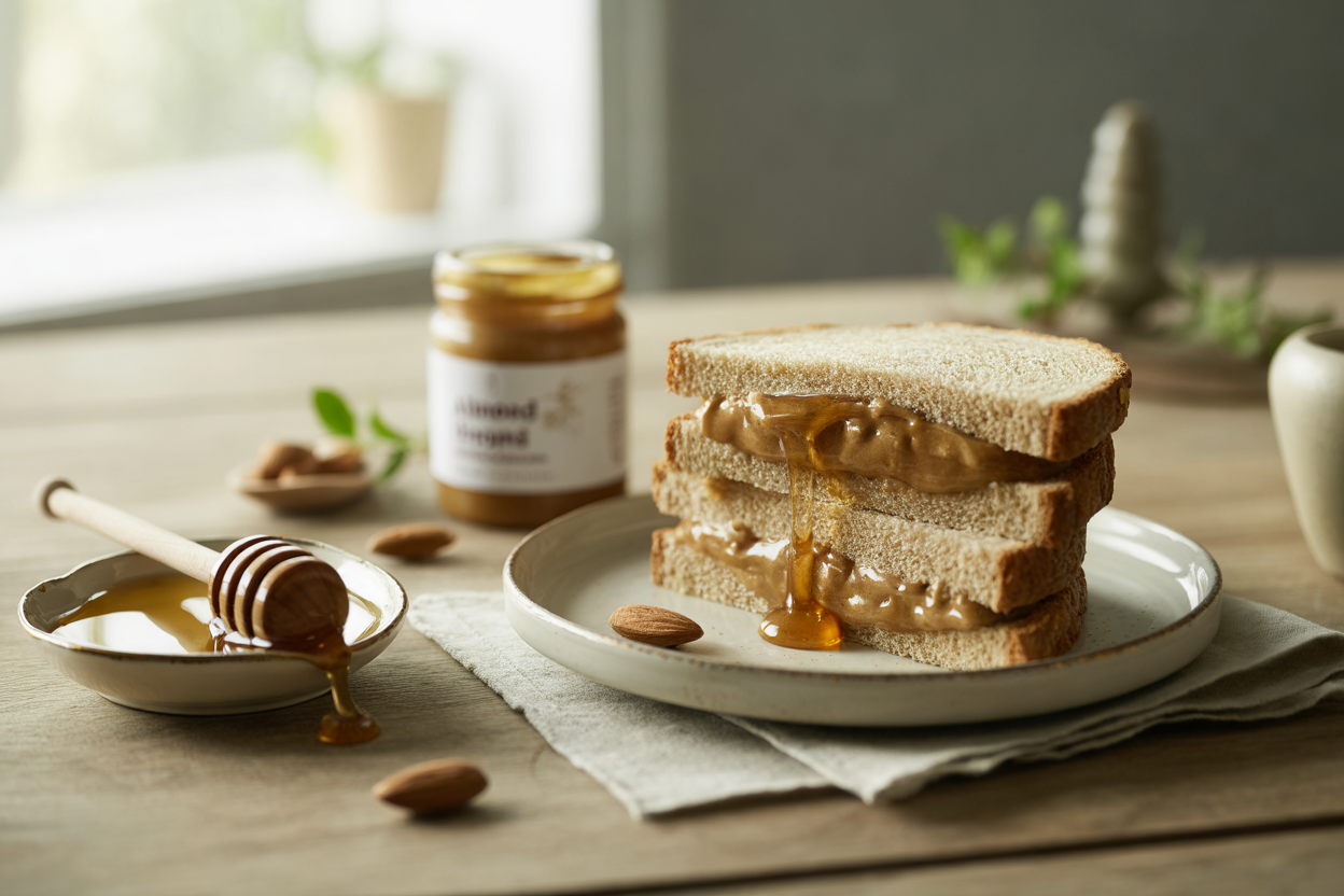 Almond butter and honey sandwich on whole grain bread