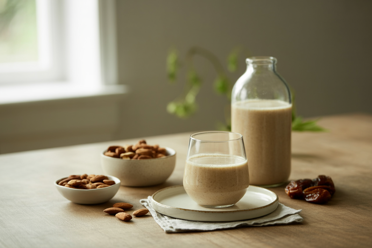 Homemade almond pecan milk with almonds, pecans and dates