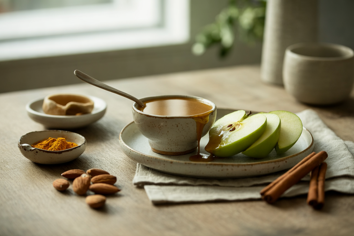 Almond spice drizzle over apple slices