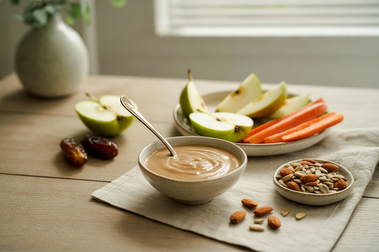 Creamy almond, sunflower seed and date sauce with fresh fruit and vegetables