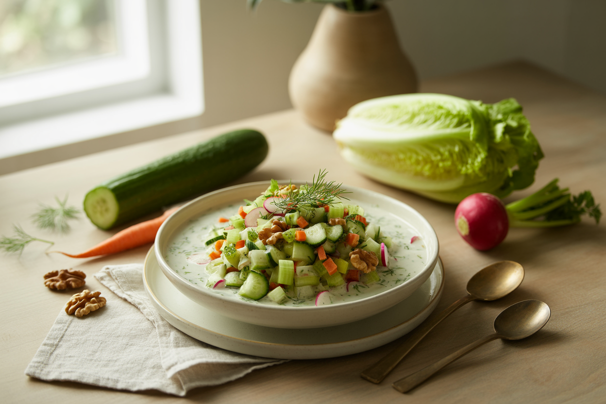 Almost blended salad raw soup with romaine, cucumber, celery and red pepper