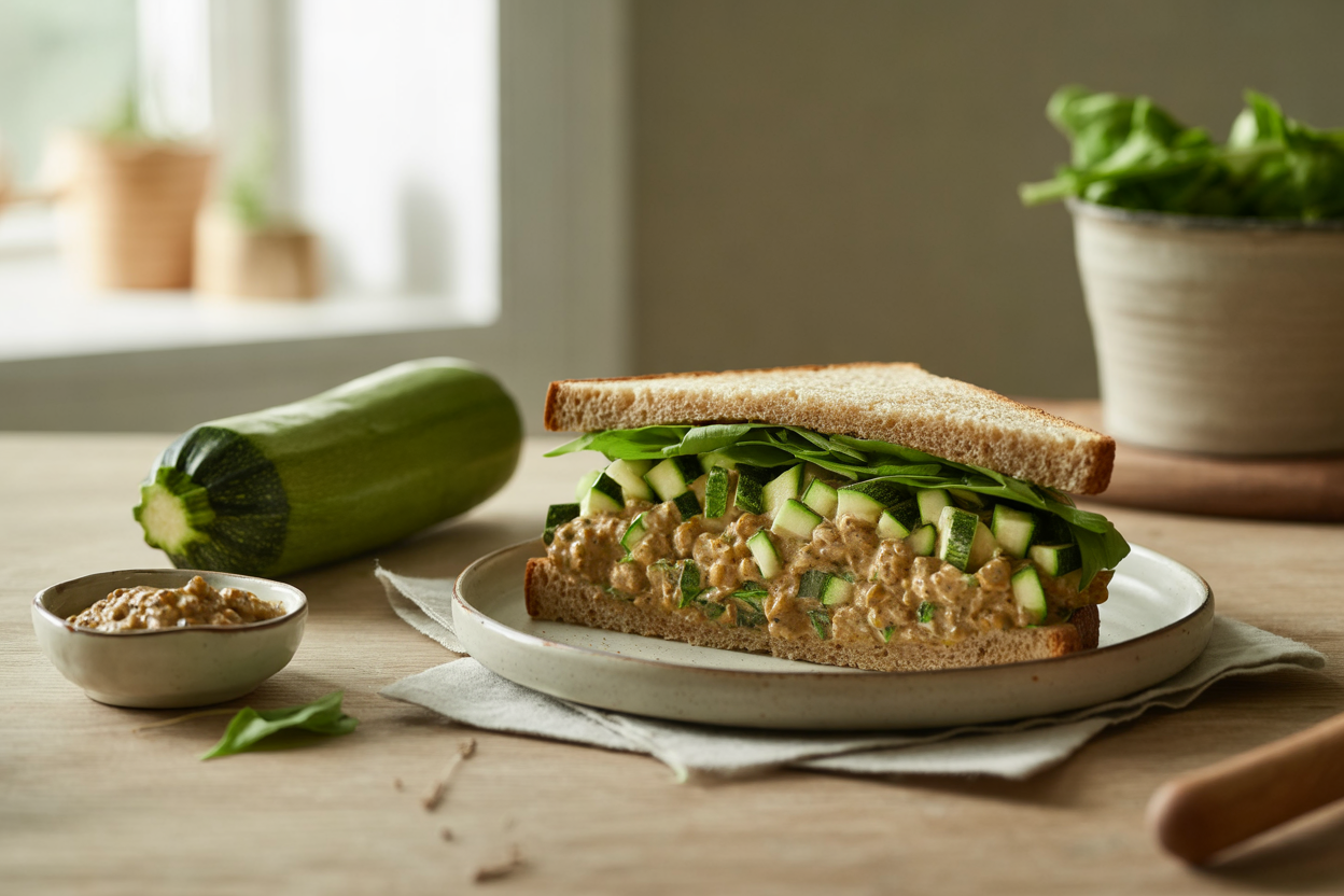 Plant-based TVP salad sandwich with zucchini