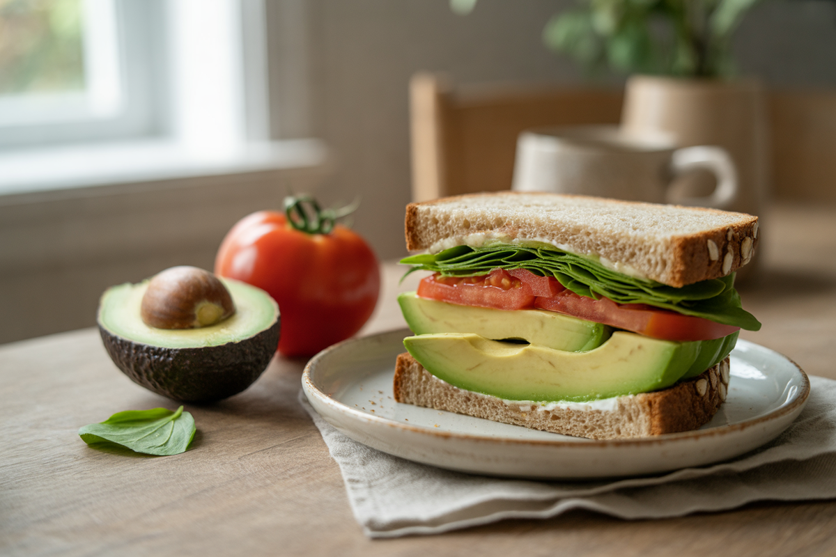 Avocado, lettuce and tomato sandwich on whole grain bread