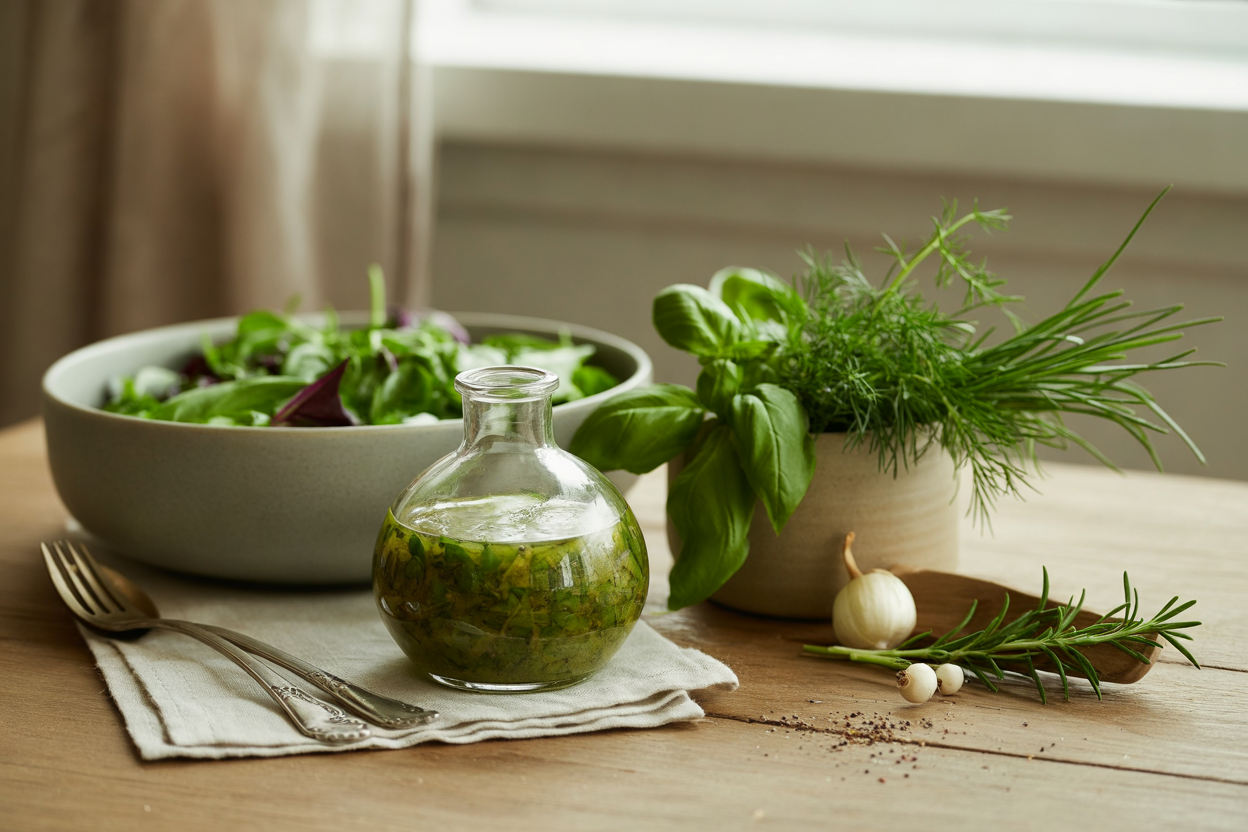 Fresh herb salad dressing with basil, parsley and dill