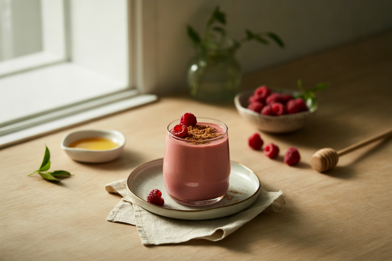 Creamy raspberry tofu mousse with grated chocolate