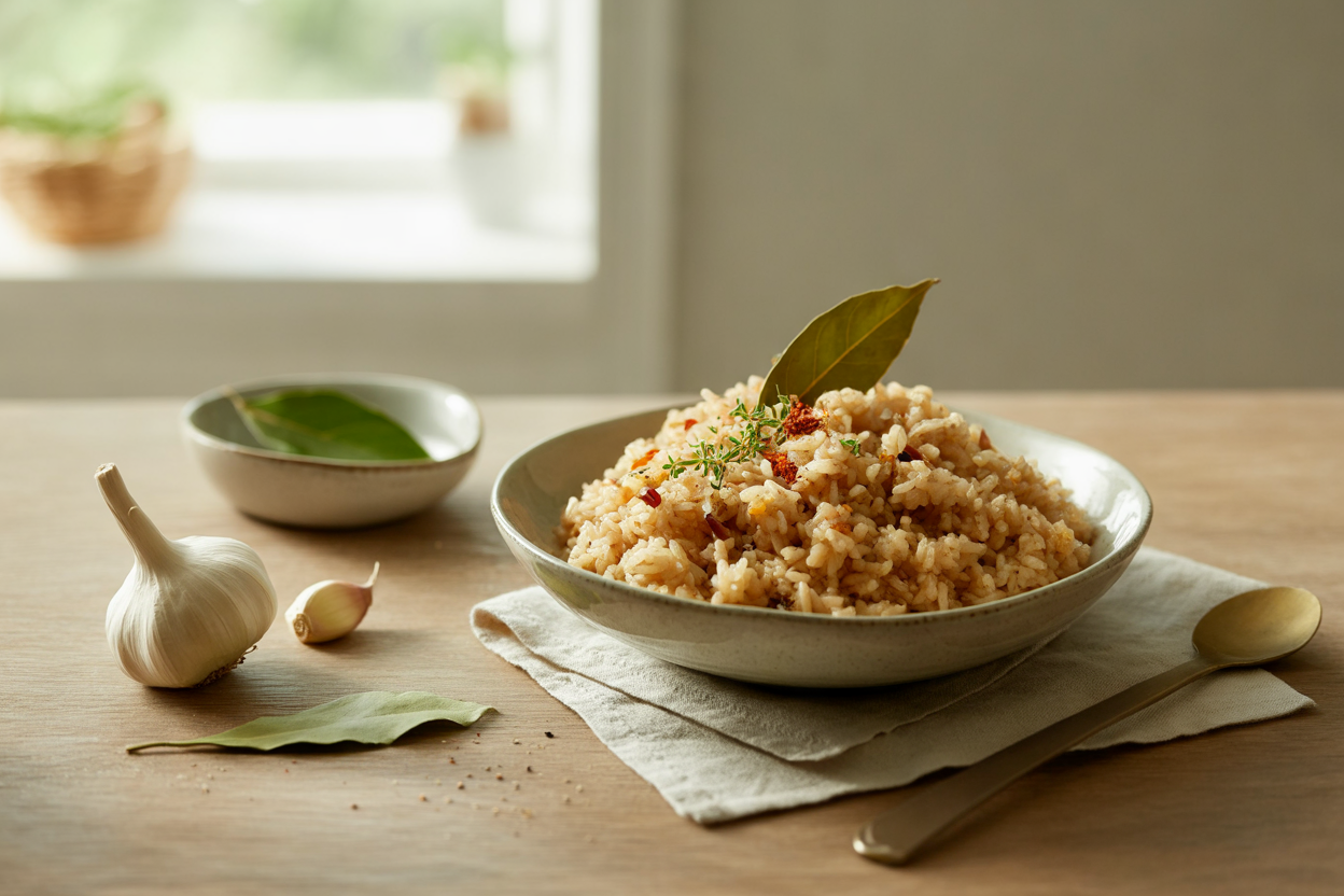 Seasoned brown rice with cumin, onion and bay leaf