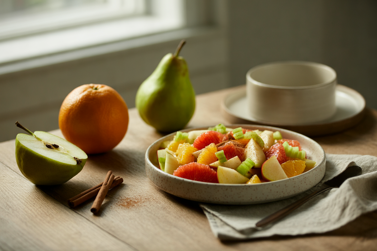 Fruit salad with grapefruit, orange, apple, pear and celery