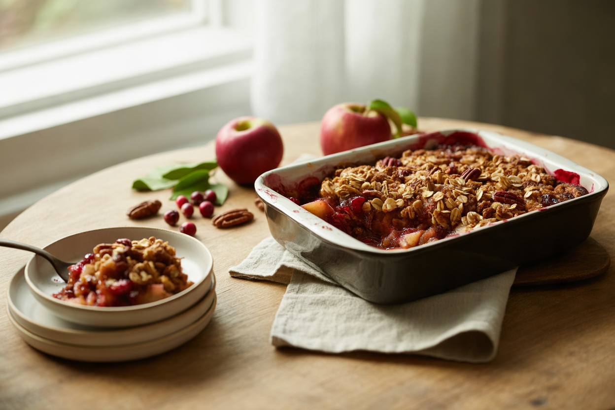 Apple cranberry dessert with oat pecan topping