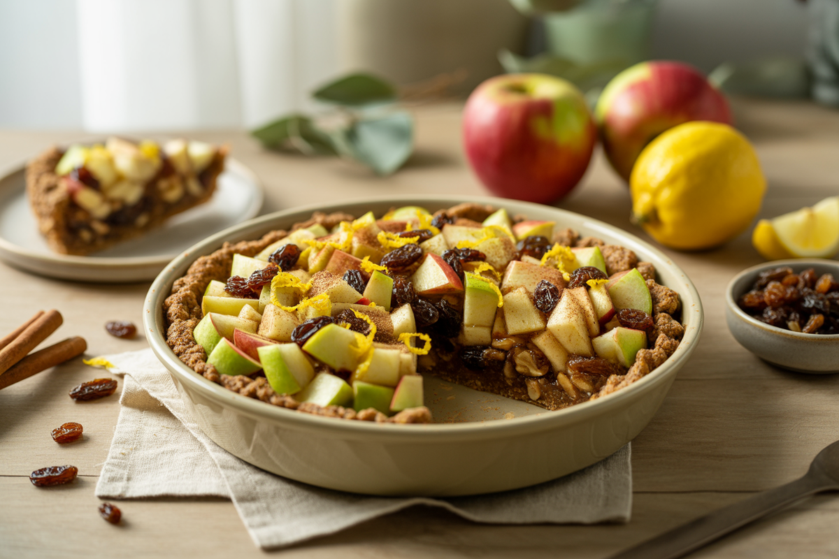 Raw apple pie with a walnut date crust topped with chopped apple, raisins, cinnamon and lemon zest