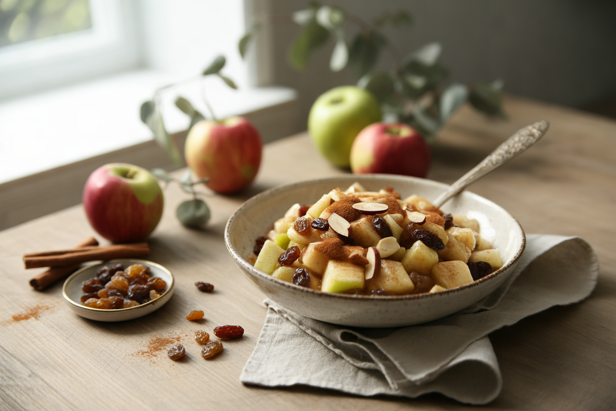 Crustless raw apple pie with raisins, almonds and cinnamon
