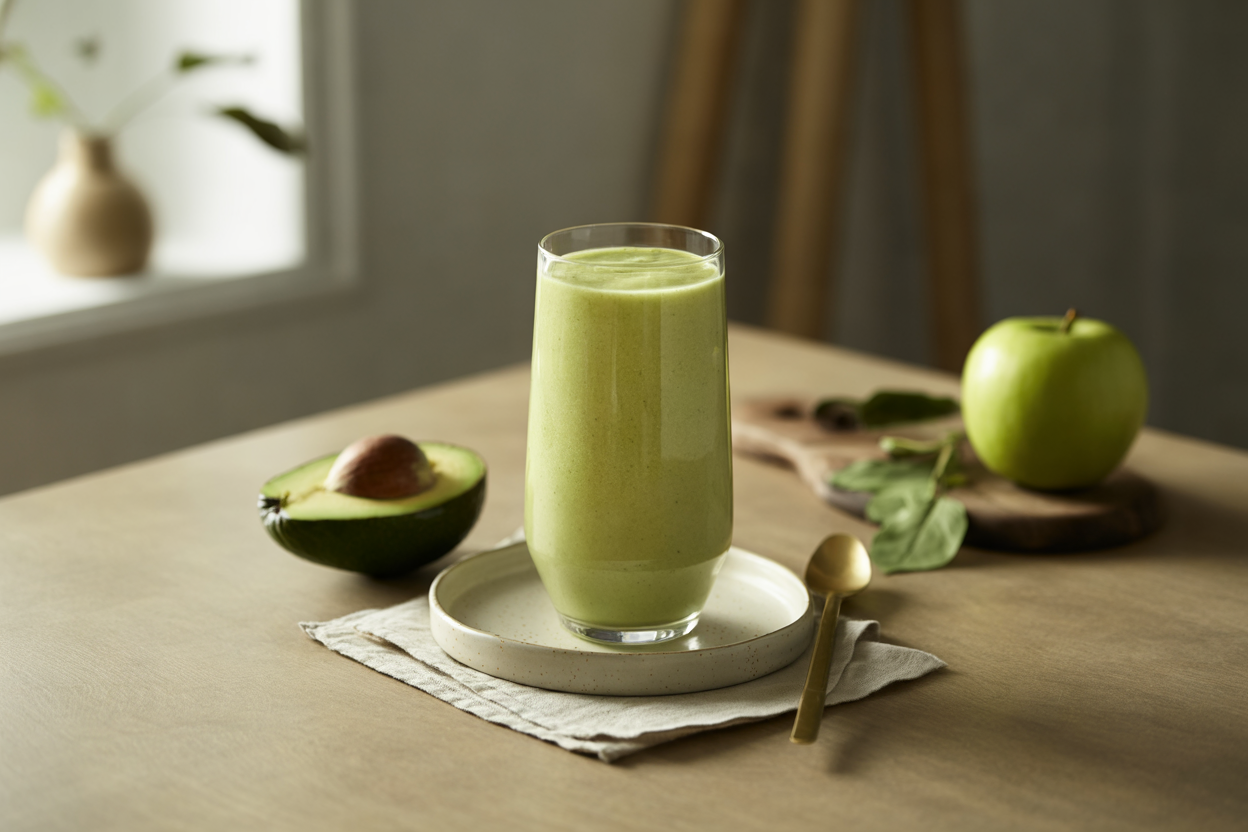 Pale green smoothie made with avocado and apple juice