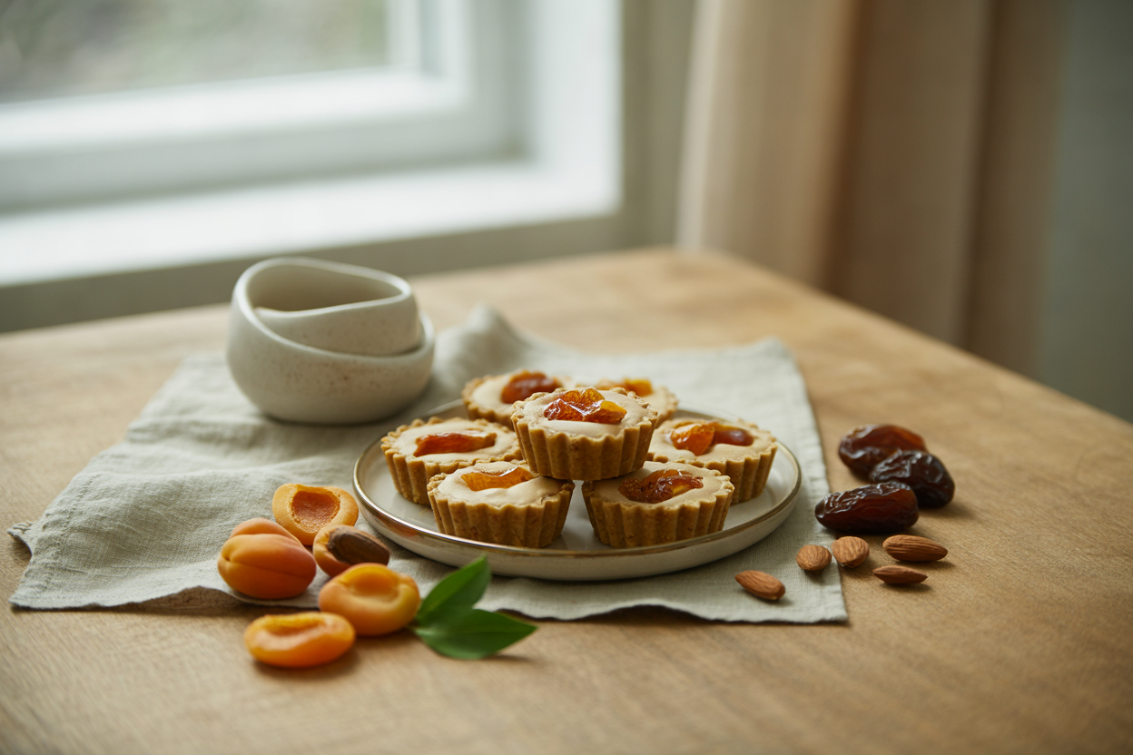 Raw apricot fruit tarts with almond date crust