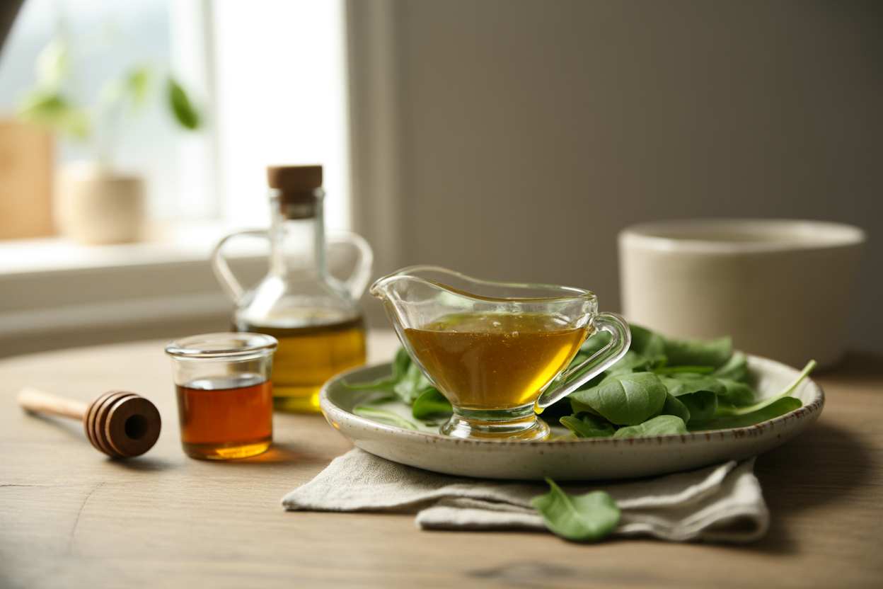 Honey apple cider vinaigrette in a glass cruet beside a green salad