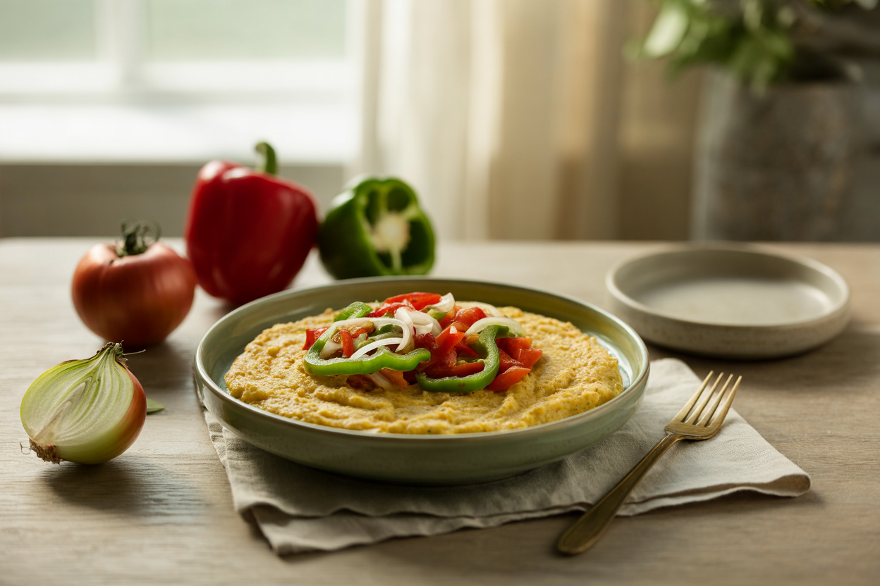 Cornmeal mush topped with sauteed peppers, onion and tomato