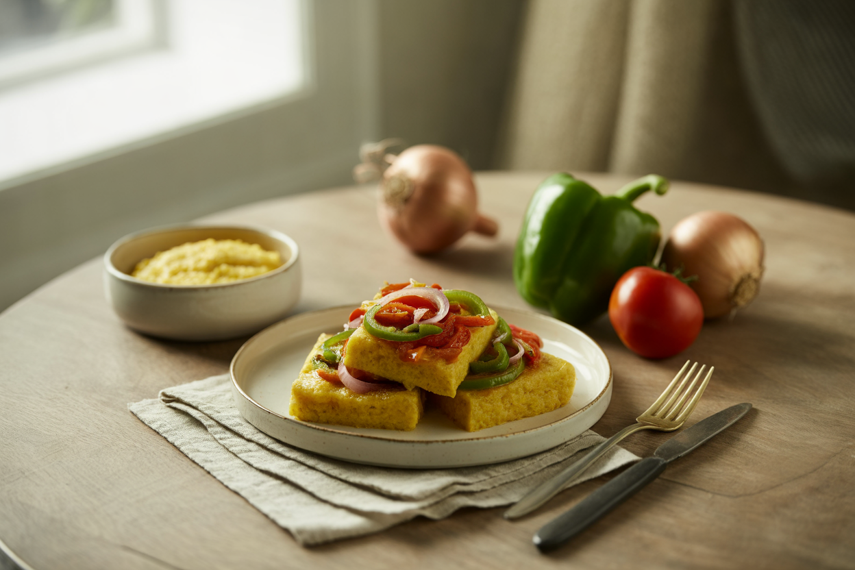 Cornmeal mush topped with sauteed peppers and tomato