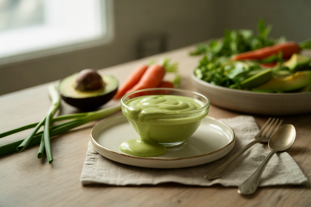 Creamy avocado carrot dressing over salad