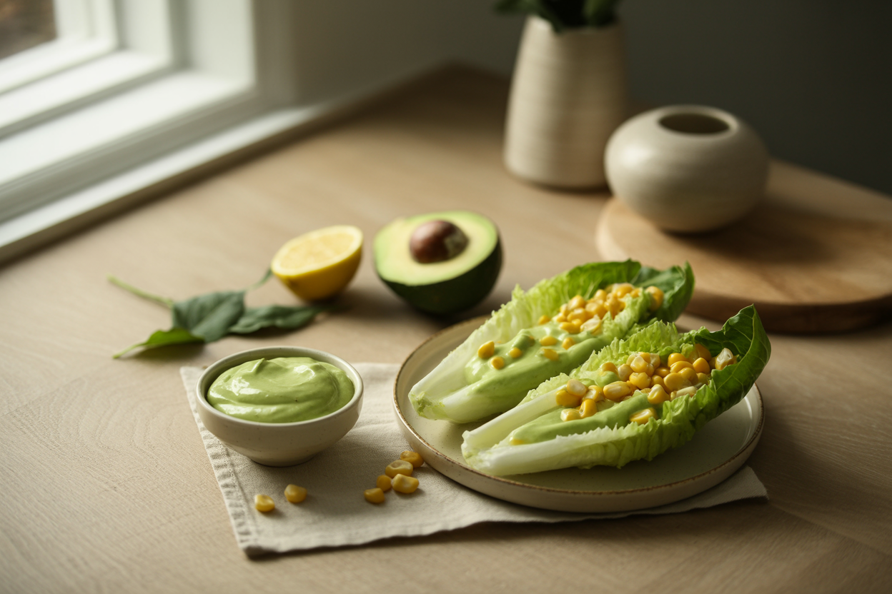 Creamy avocado lemon dressing with leaf lettuce and sweet corn