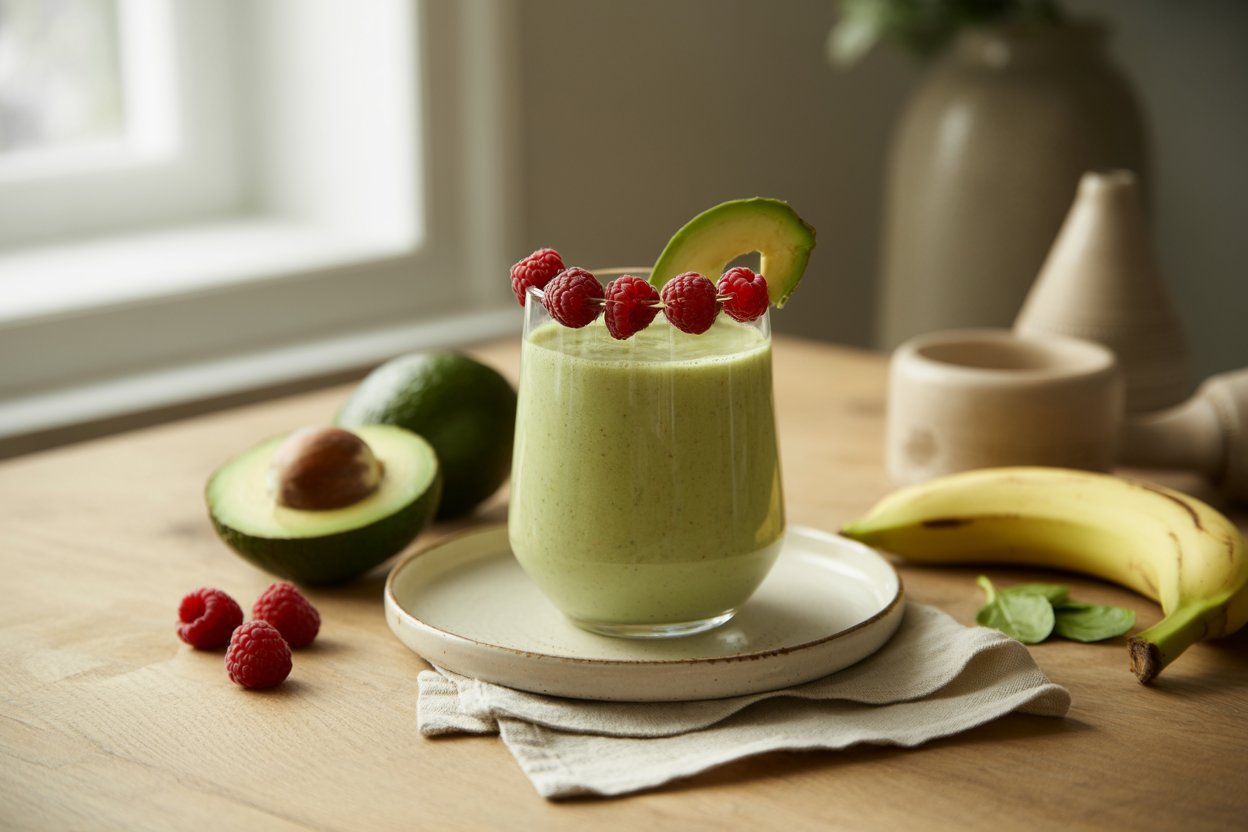 Avocado raspberry banana green smoothie with fresh raspberries and avocado