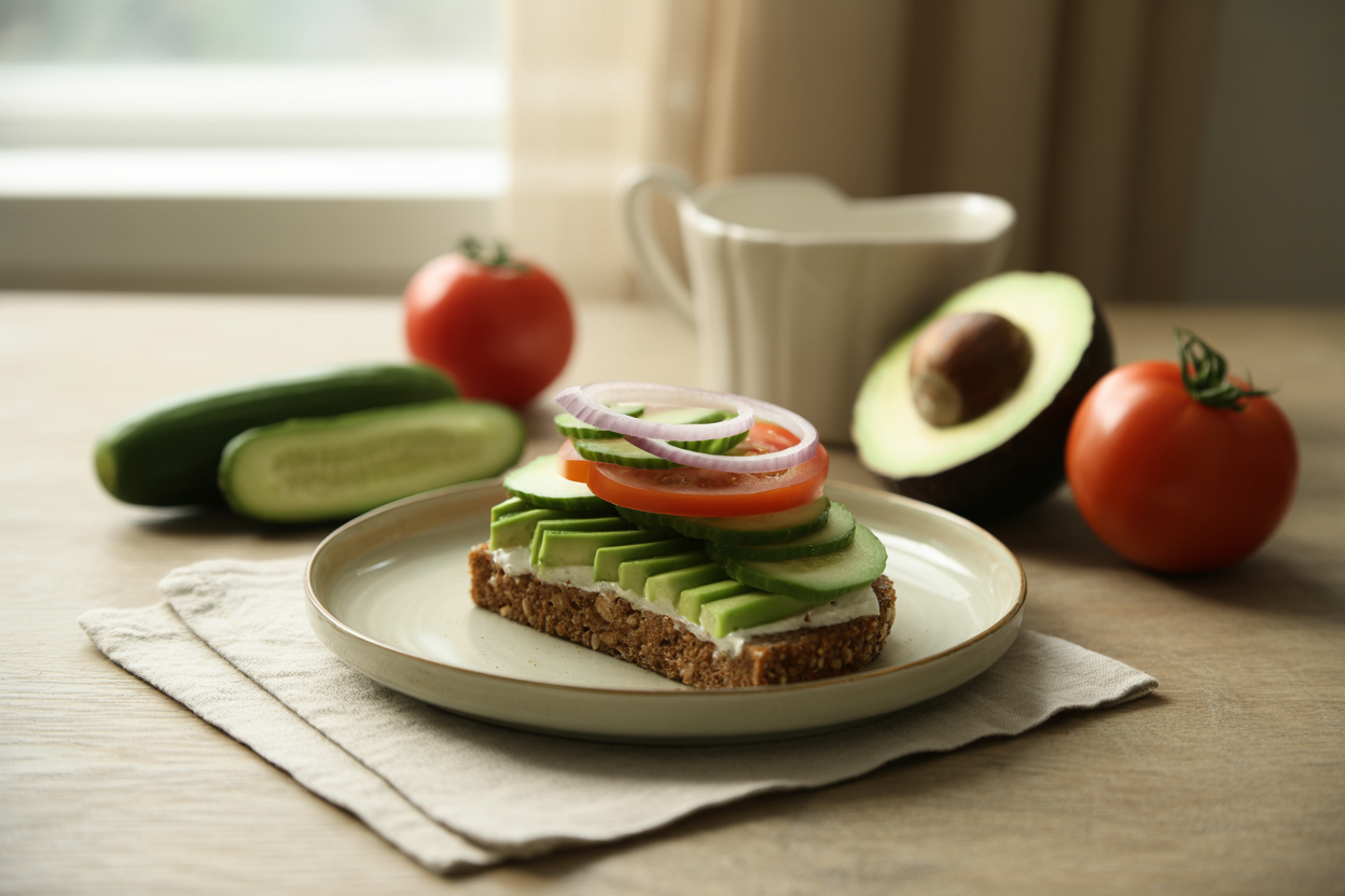 Avocado supreme sandwich on whole grain bread with tomato and cucumber