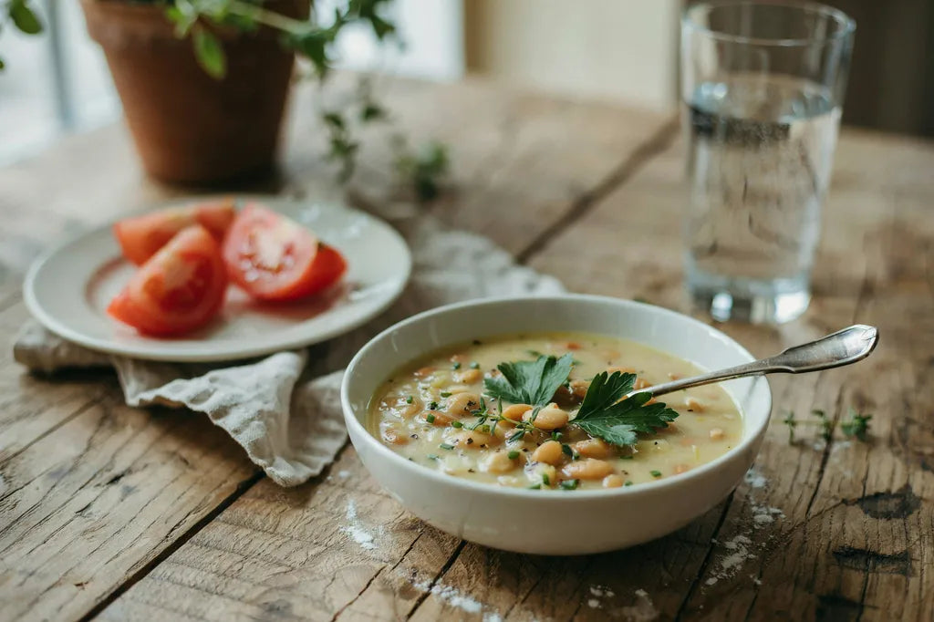 Large Lima Chowder - a white bowl of creamy pale yellow chowder