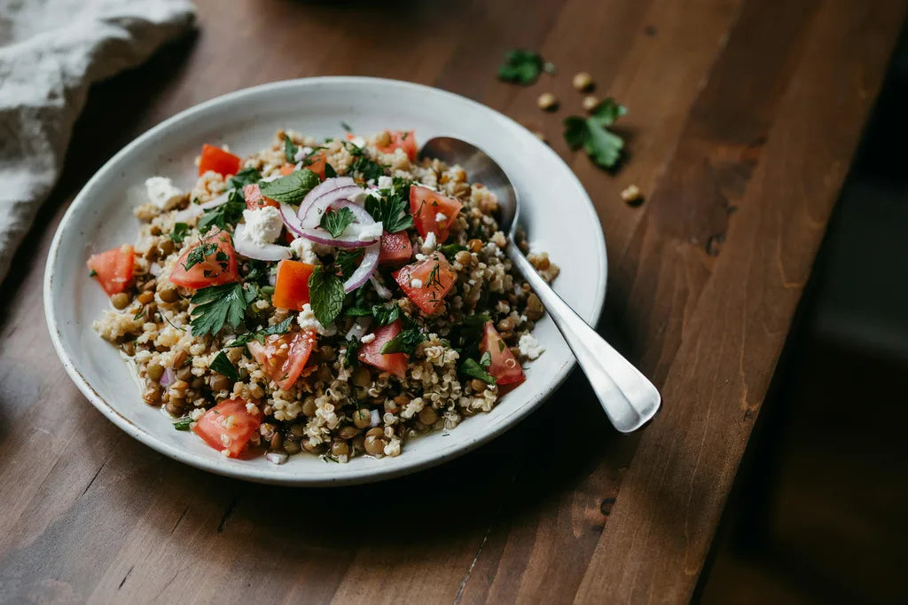 Lentils and Quinoa atop Roasted Peppers - a bowl of lentil and quinoa salad