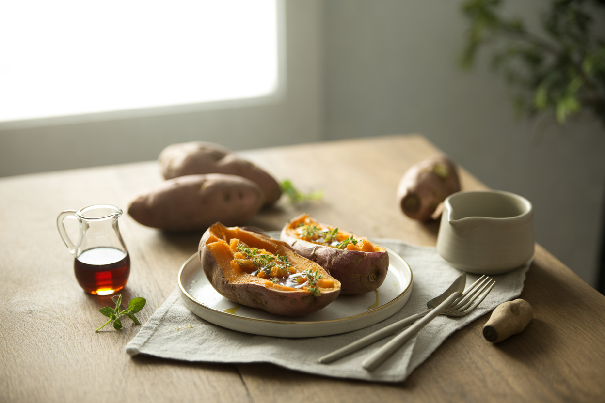 Baked sweet potatoes with maple drizzle
