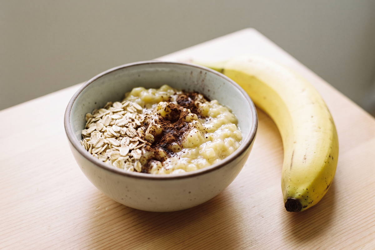 Bowl of banana carob oatmeal snack with rolled oats and a banana